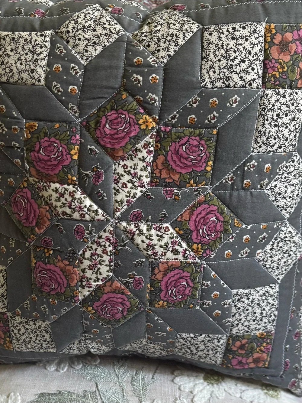 Gray Floral Patchwork Quilted Pillow with Pink Roses
